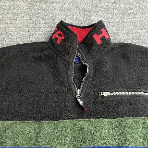 Vtg Tommy Hilfiger Outdoor Mens XL Jacket Striped 1/4 Zip Fleece Spellout Hoodie - Picture 2 of 16